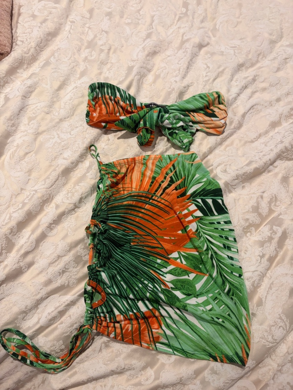 SHOP17 Tropical Leaf Two-Piece Set in Green and Orange